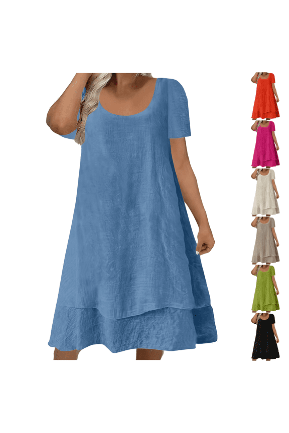 Women's Summer Casual Mini Dress, Round Neck Short Sleeve Solid Color Shift Dress for Beach Cover Up, Summer Days or Running Errands