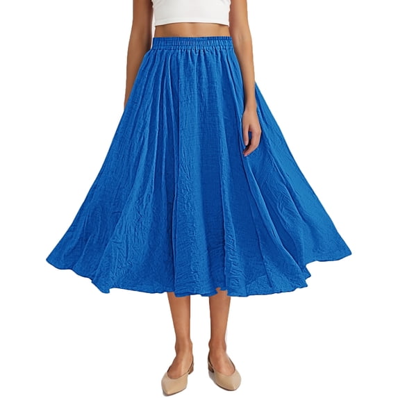 Paiwinds Women's Summer Casual Solid Color A-Line Ankle-Length Skirt with Elastic Waist, Soft Breathable Flax for Everyday