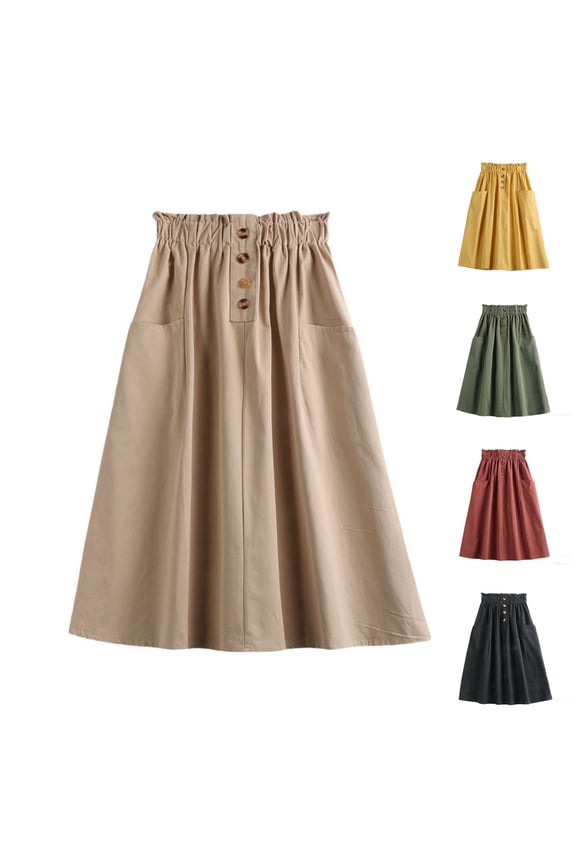 Women's Summer Casual Solid Color Flax Midi Skirt with Button and Pockets, Elastic Waist, Soft Comfortable Cotton Linen for Daily