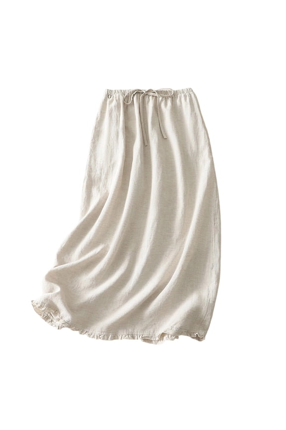 Women's Summer Casual Solid Color Flax Midi Skirt with Button and Pockets, Elastic Waist, Soft Comfortable Cotton Linen for Daily