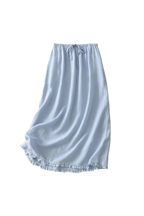 Women's Summer Casual Solid Color Flax Midi Skirt with Button and Pockets, Elastic Waist, Soft Comfortable Cotton Linen for Daily