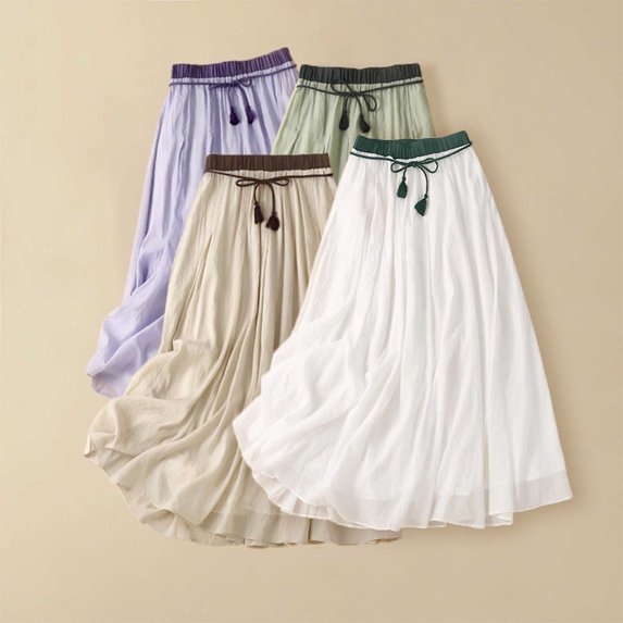 Paiwinds Women's Summer Double Layer Solid Linen-Look Midi Skirt with Elastic Waist, Soft Flowy Breathable Polyester for Casual Boho
