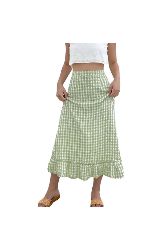 Women's Summer Fashion Plaid Elastic Waist Midi Skirt with Pockets, Boho Beach Style, Soft Breathable Polyester Cotton for Casual Wear