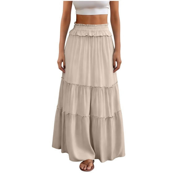 Paiwinds Women's Summer Fashion Solid Color A-Line Maxi Skirt with Elastic Waist and Pockets, Soft Comfortable Stretchy Polyester Spandex for Everyday Casual