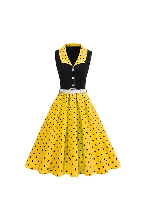 Women's Summer Floral Polka Dot Print Sleeveless Round Neck Cocktail Dress, Pretty Party Dress for Summer Wedding Bridal Shower Brunch