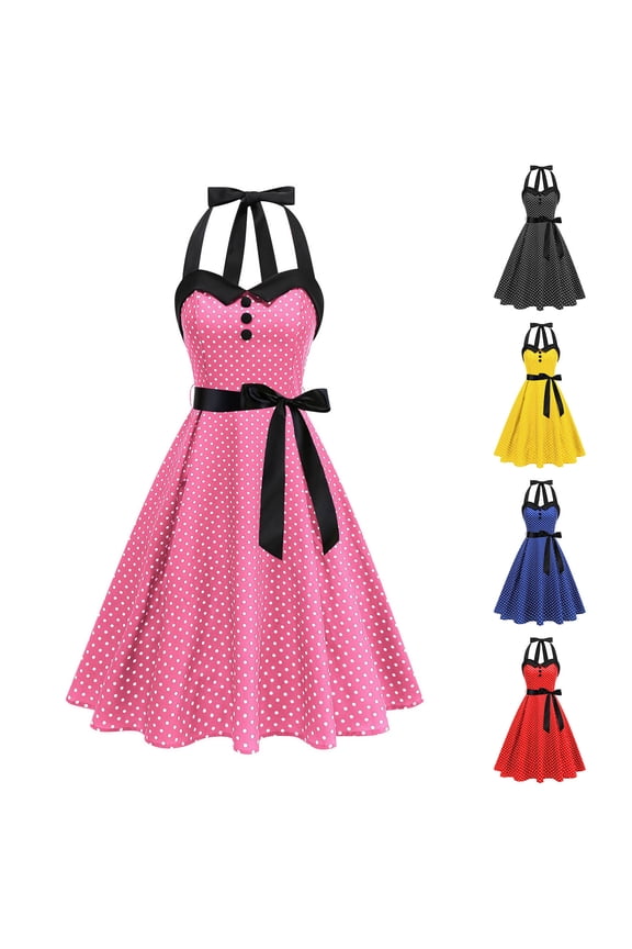 Women's Summer Floral Polka Dot Print Sleeveless Round Neck Wedding Guest Dress, Vintage Cocktail Dress for Tea Party Romantic Date