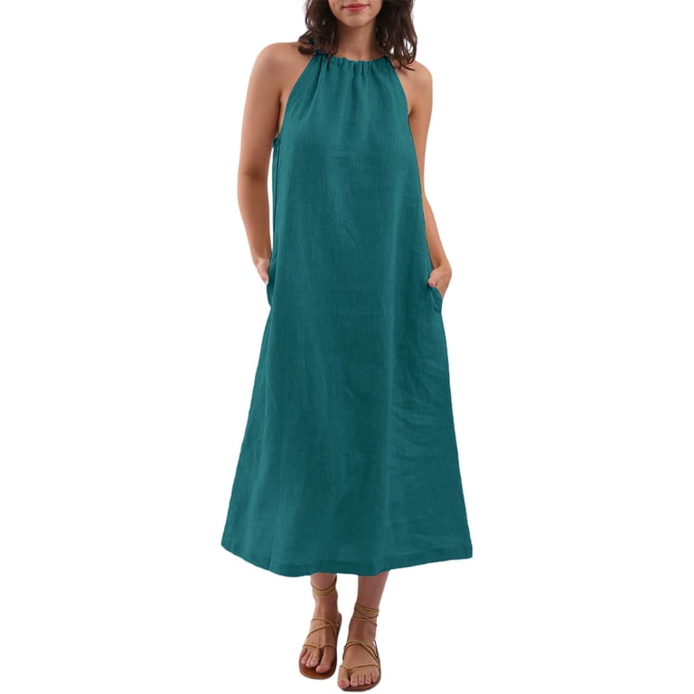 Paiwinds Women's Summer Halter Linen Dress, Sleeveless Loose Fit Boho Maxi Dress for Beach, Resort Vacation Wear, Size: Medium, Green Paiwinds Women's Summer Halter Linen Dress, Sleeveless Loose Fit Boho Maxi Dress for Beach, Resort Vacation Wear, Size: Medium, Green