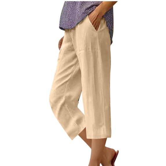 Paiwinds Women's Summer Linen Blend Solid Color Capris with Pockets, Elastic Waist, Straight Leg 7/8 Length Casual Pants, Lightweight Breathable, Multiple Colors.