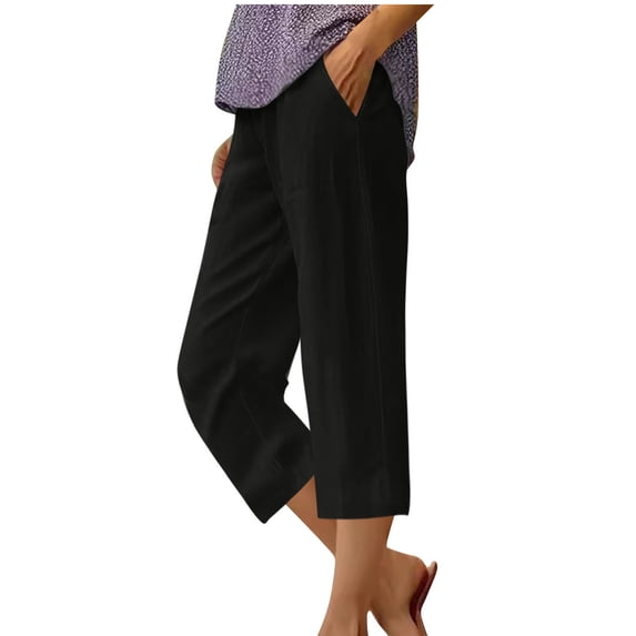 Paiwinds Women's Summer Linen Blend Solid Color Capris with Pockets, Elastic Waist, Straight Leg 7/8 Length Casual Pants, Lightweight Breathable, Multiple Colors.