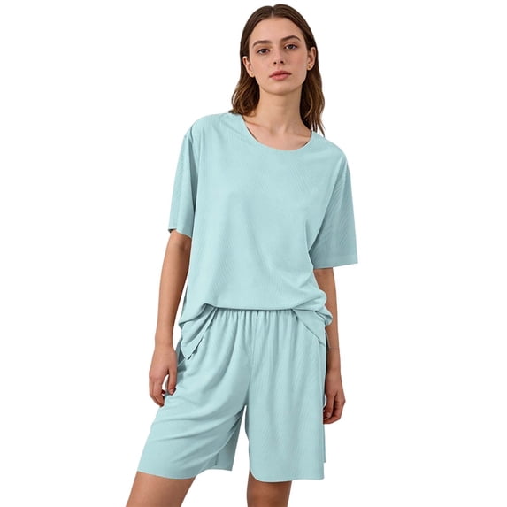 Paiwinds Women's Summer Short Sleeve Round Neck Pajama Set Breathable Polyester Loose Sleepwear for Spring & Summer, Sizes L-XXXXL