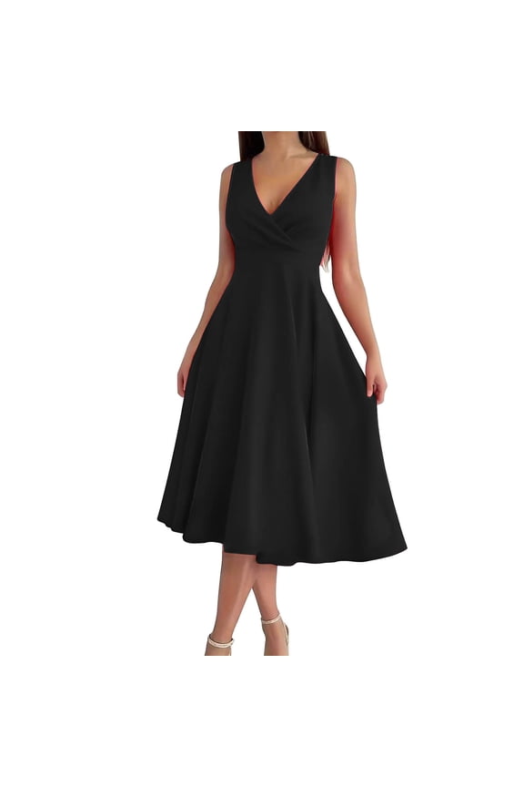 Women's Summer Solid Sleeveless V-Neck Fashionable Evening Dress, Chic Casual Dress for Dinner Date Cocktail Party Night Out