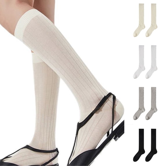 Paiwinds Women's Thin Ribbed Knee High Socks Breathable Cotton Blend Crew Socks for Spring Summer Casual Wear