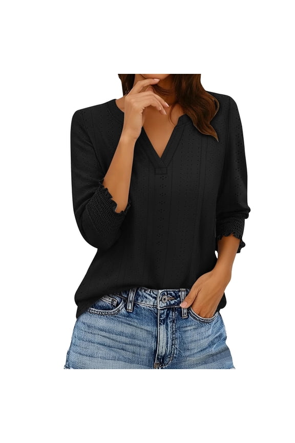 Women's Three-Quarter Sleeve Smocked Cuffs Top, 2026 Summer Casual Blouse with Soft Stretchy Fabric for Everyday Wear