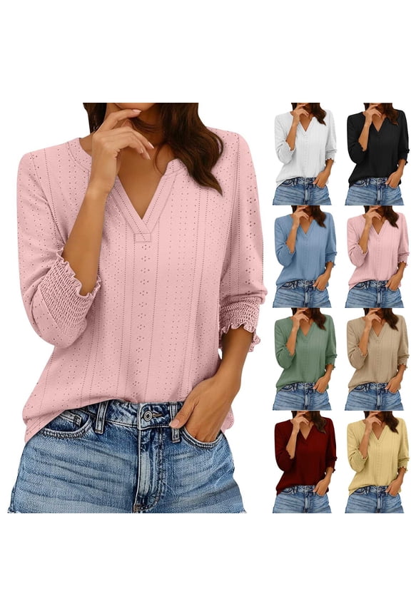 Women's Three-Quarter Sleeve Smocked Cuffs Top, 2026 Summer Casual Blouse with Soft Stretchy Fabric for Everyday Wear