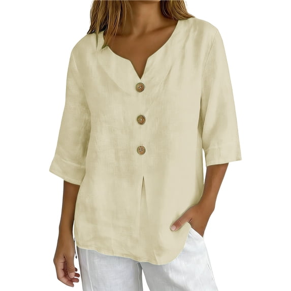 Paiwinds Women's V-Neck 3/4 Sleeve Button Down Shirt Casual Loose Fit Blouse Soft Polyester Solid Color Top
