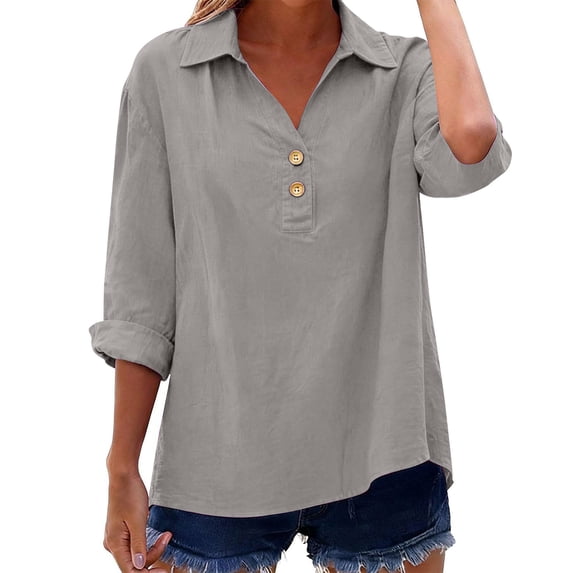 Paiwinds Women's V-Neck 3/4 Sleeve Loose Fit Tunic Top Casual Solid Color Blouse Soft Cotton Linen Blend Everyday Wear