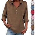 thumbnail image 1 of Paiwinds Women's V-Neck 3/4 Sleeve Loose Fit Tunic Top Casual Solid Color Blouse Soft Cotton Linen Blend Everyday Wear, 1 of 9