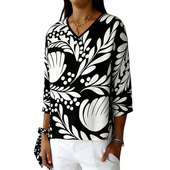 Paiwinds Women's V-Neck 3/4 Sleeve Printed Loose Fit Top Casual Blouse Soft Rayon Nylon Blend