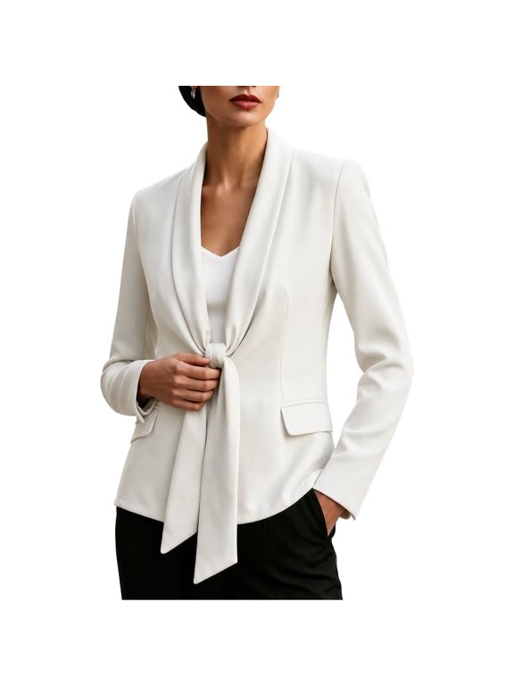 Women's V-Neck Blazer Jacket Tie Front Long Sleeve Winter Coat with Pockets Solid Color Tailored Business Casual Outerwear for Women Office Work