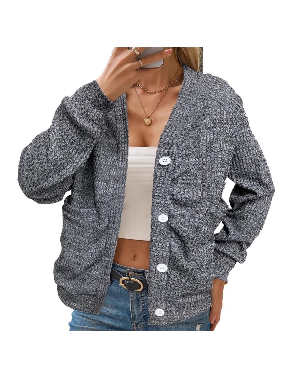 Women's V-Neck Knit Cardigan Button Front Long Sleeve Sweater with Patch Pockets Casual Winter Outerwear for Work Daily Wear