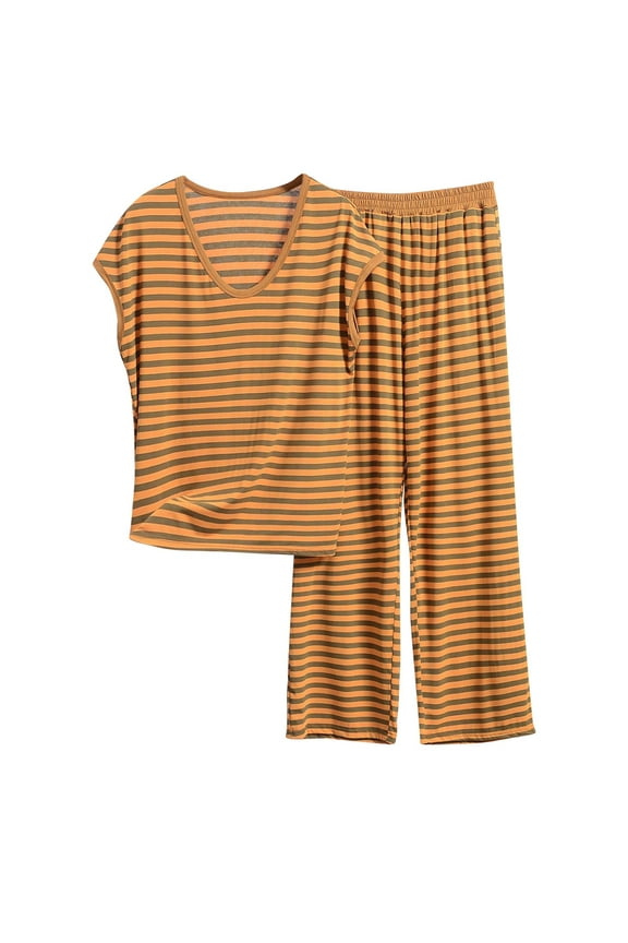 Women’s Round Neck Sleeveless Stripe Lounge Set - Soft Modal Cotton Polyester Blend, Wide-Leg Pants for Comfortable Home Wear