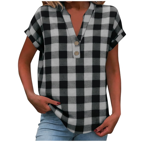 Paiwinds Women's V-Neck Short Sleeve Button Down Shirt Casual Loose Fit Blouse Soft Polyester Cotton Blend Solid Color Top