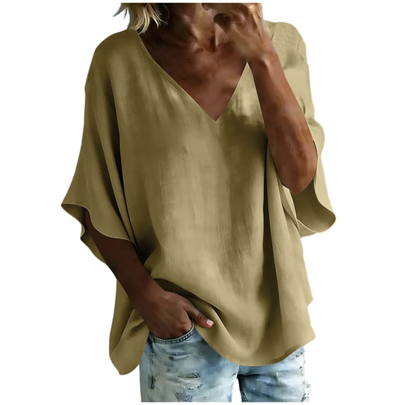 Paiwinds Women's V-Neck Short Sleeve Linen Blend Top, Casual Loose Fit Blouse for Spring Summer, Lightweight Comfortable Pullover Shirt