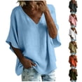 thumbnail image 1 of Paiwinds Women's V-Neck Short Sleeve Linen Blend Top, Casual Loose Fit Blouse for Spring Summer, Lightweight Comfortable Pullover Shirt, 1 of 9