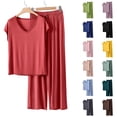 thumbnail image 1 of Paiwinds V-Neck Pajama Set for Women - Short Sleeve Solid Color Top & Loose Pants, Cotton Blend Breathable Home Sleepwear, 1 of 6