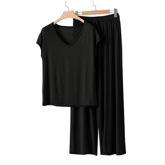 Paiwinds V-Neck Pajama Set for Women - Short Sleeve Solid Color Top & Loose Pants, Cotton Blend Breathable Home Sleepwear