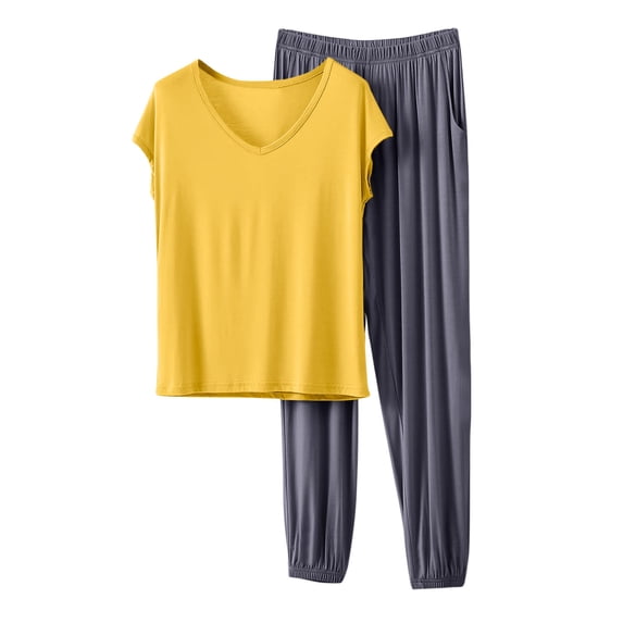 Paiwinds V-Neck Pajama Set for Women - Short Sleeve Solid Color Top & Long Pants, Cotton Blend Comfortable Home Loungewear