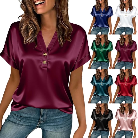Paiwinds Women's V-Neck Short Sleeve Satin Blouse Business Casual Button Down Shirt Soft Polyester Work Top