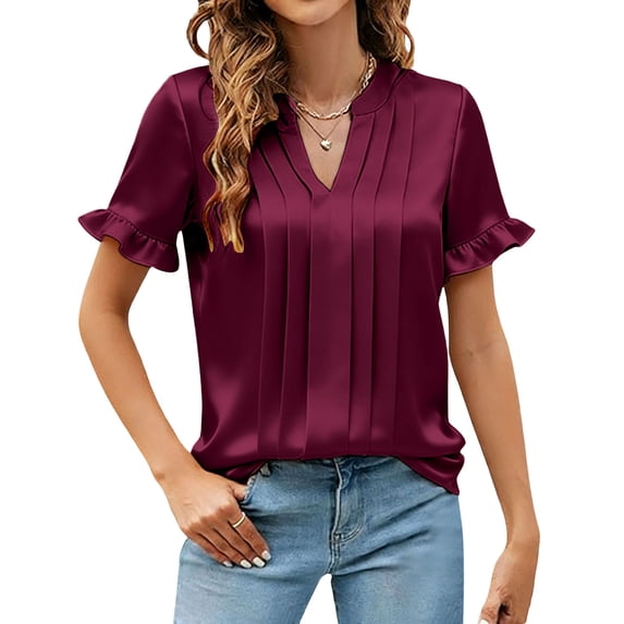 Paiwinds Women's V-Neck Short Sleeve Satin Blouse Business Casual Wear Soft Polyester Work T-Shirt Top