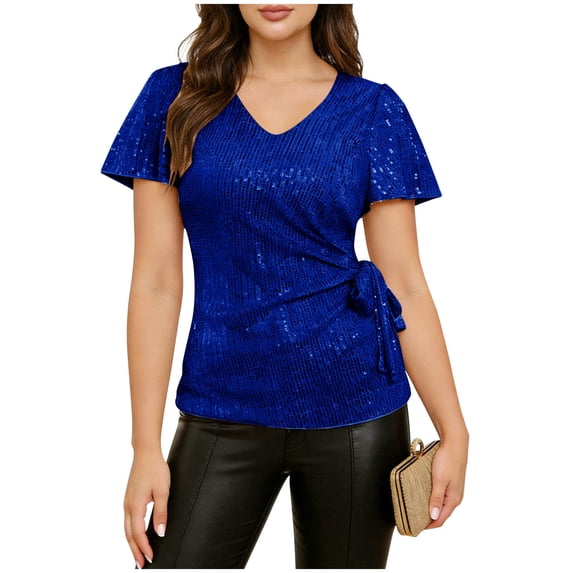 Paiwinds Women's V-Neck Short Sleeve Sequin Wrap Top with Cinched Waist Casual Solid Color Party Blouse Soft Polyester