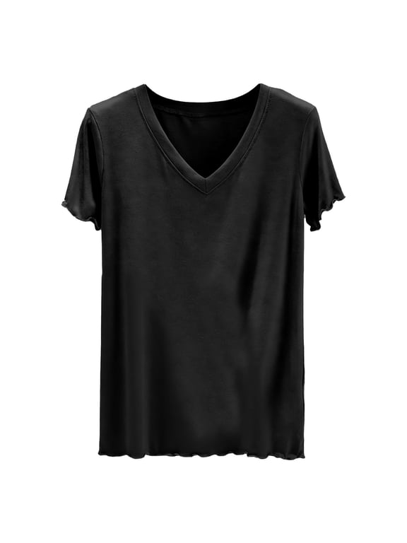Women's V-Neck Short Sleeve Solid Color Pullover Top Casual Summer Loungewear Pajama Top Soft Polyester Spandex Blend Tunic