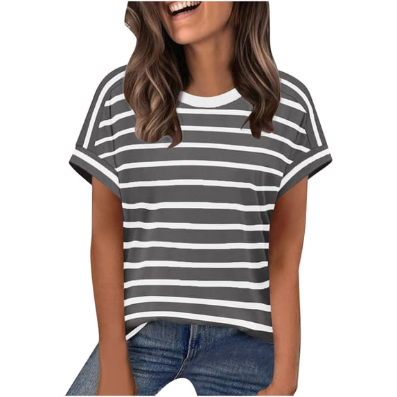 Paiwinds Women's V-Neck Short Sleeve Striped Shirt Casual Spring Summer Tee Blouse Soft Polyester Spandex