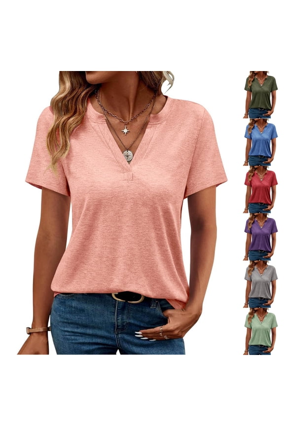 Women's V-Neck Short Sleeve T-Shirt, Solid Color Casual Top, Comfortable Polyester Spandex Cotton Blend Tee for Spring Summer Wear, Loose Fit Fashion Shirt for Daily Outings