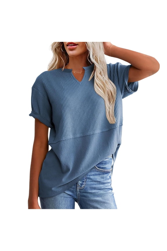Women's V-Neck Short Sleeve T-Shirt, Waffle Knit Detail Casual Top, Comfortable Polyester Rayon Cotton Spandex Blend Blouse, Fashion Loose Fit Shirt for Daily Wear Outings