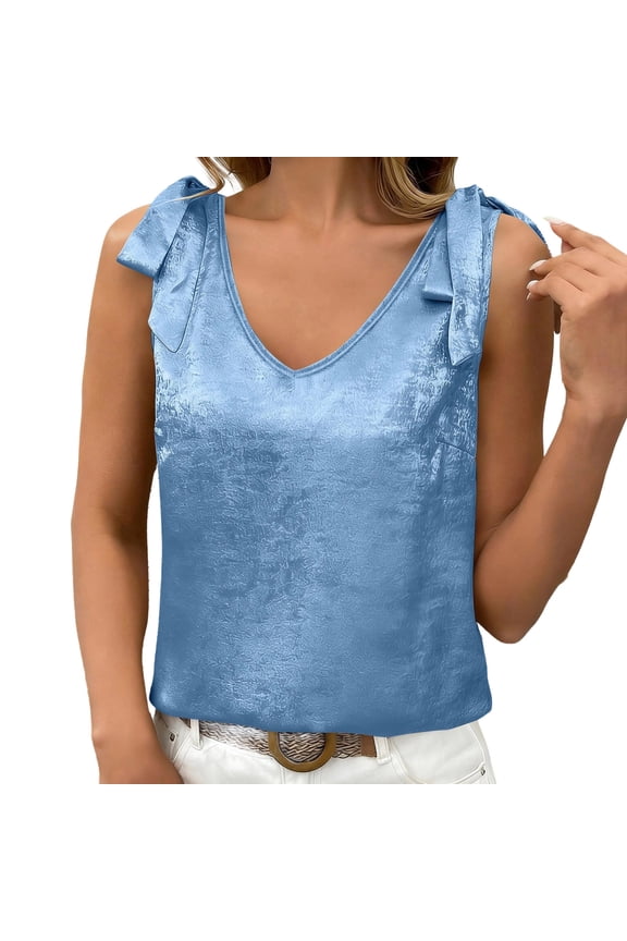 Women's V-Neck Sleeveless Top with Shoulder Bows, Light Blue Crushed Velvet Cami Tank Blouse for Summer Casual Wear