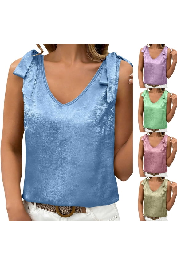 Women's V-Neck Sleeveless Top with Shoulder Bows, Light Blue Crushed Velvet Cami Tank Blouse for Summer Casual Wear