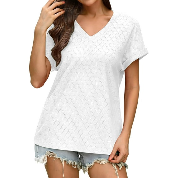 Paiwinds Women's Water-Soluble Floral Texture V-Neck Short Sleeve T-Shirt - Breathable Nylon Spandex Blend Loose Top for Summer Casual Wear & Relaxed Outings