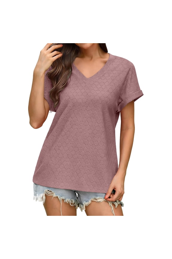 Women's Water-Soluble Floral Texture V-Neck Short Sleeve T-Shirt - Breathable Nylon Spandex Blend Loose Top for Summer Casual Wear & Relaxed Outings