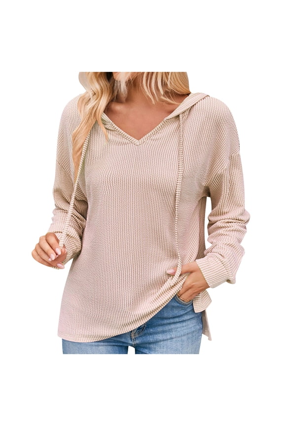 Women's Wave Striped Neck Loose Casual Long Sleeve Knitted Hooded Sweaters Hoodies Tops for Holiday Wear with Fringe Design
