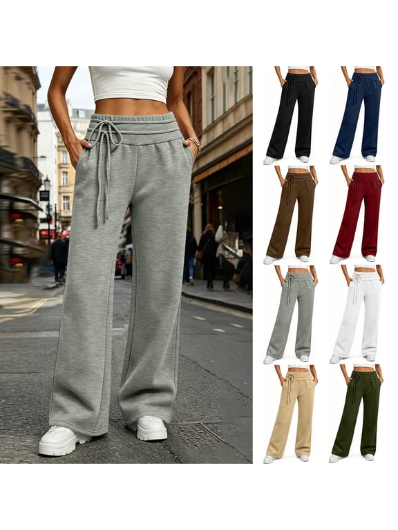 Women's Wide Leg Sweatpants Drawstring Elastic Waist Trousers Loose Fit Lounge Palazzo Pants with Pockets Casual