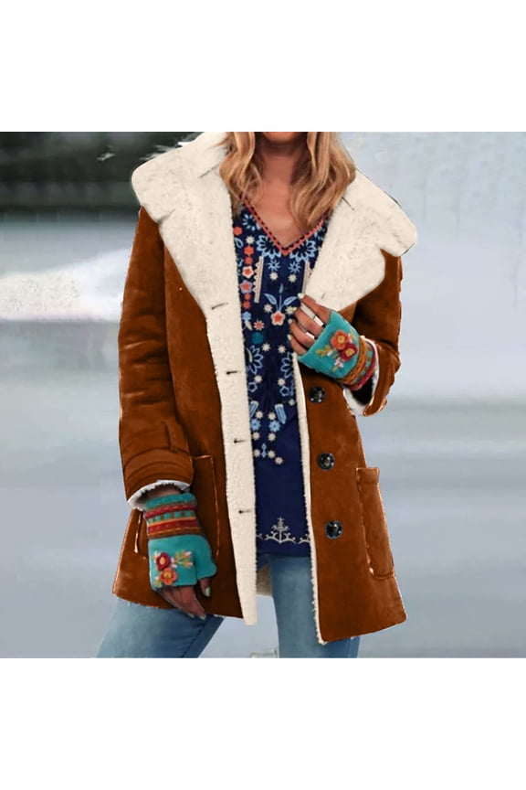Women's Winter Composite Button Lapel Jacket Suede Plush Fabric with Pockets Retro Chic Coat for Casual Outings and Daily Wear