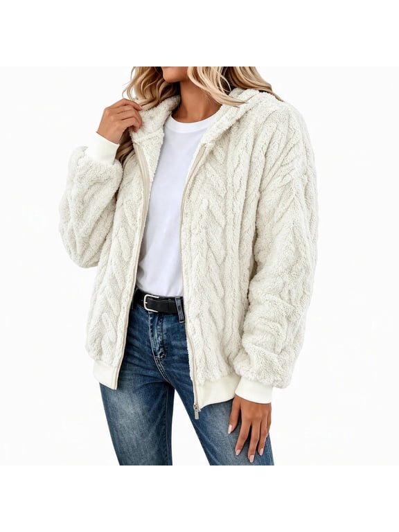 Women's Winter Fleece Jacket Fuzzy Zip-Up Hoodie Sherpa Coat Warm Teddy Outerwear for Casual