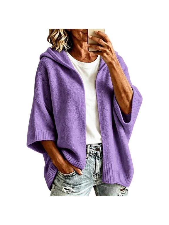 Women's Winter Hooded Open-Front Cardigan 3/4 Sleeve Loose Knit Sweater Coat for Work Vacation Daily Wear Outerwear Top for Women