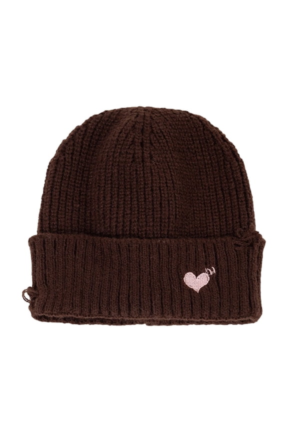 Women's Winter Knit Beanie Hat with Heart Embroidery, Distressed Ripped Style, Oversized Slouchy Fit, Solid Color Warm Cap for Cold Weather