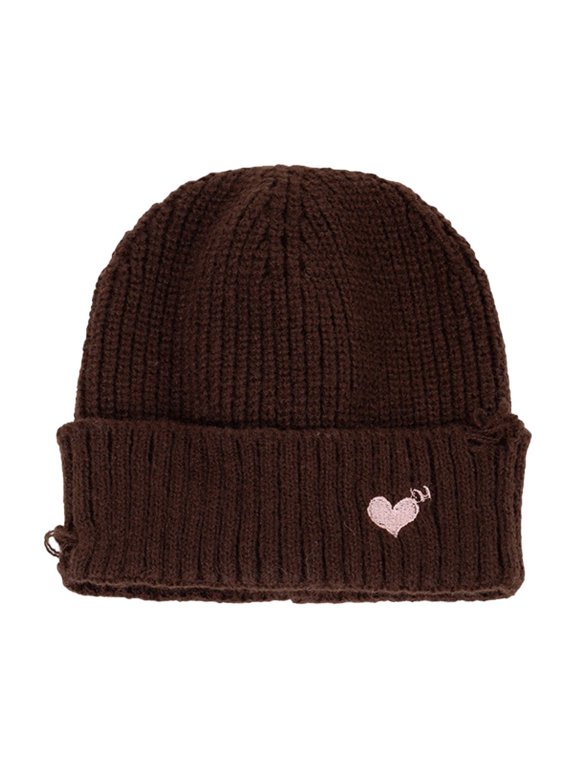 Women's Winter Knit Beanie Hat with Heart Embroidery, Distressed Ripped Style, Oversized Slouchy Fit, Solid Color Warm Cap for Cold Weather