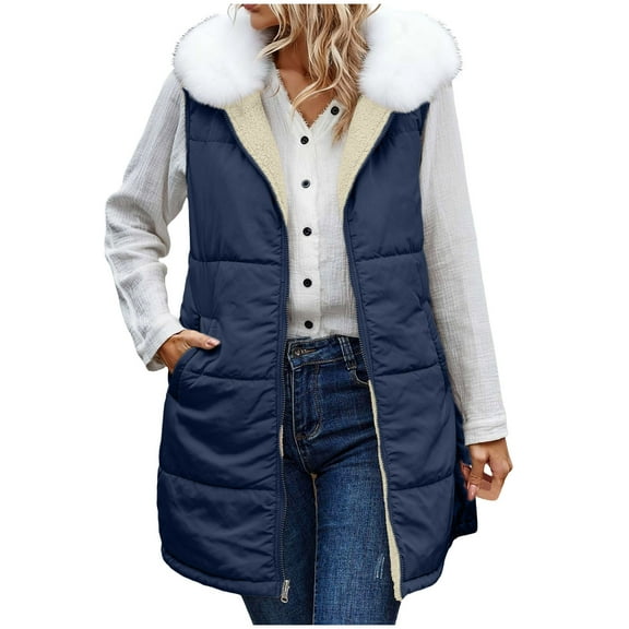 Paiwinds Women's Winter Sleeveless Hooded Long Vest Coat with Detachable Faux Fur Collar & Multi-Pockets, Lightweight Quilted Puffer Jacket for Casual Outings and Cold Weather Protection in Winter
